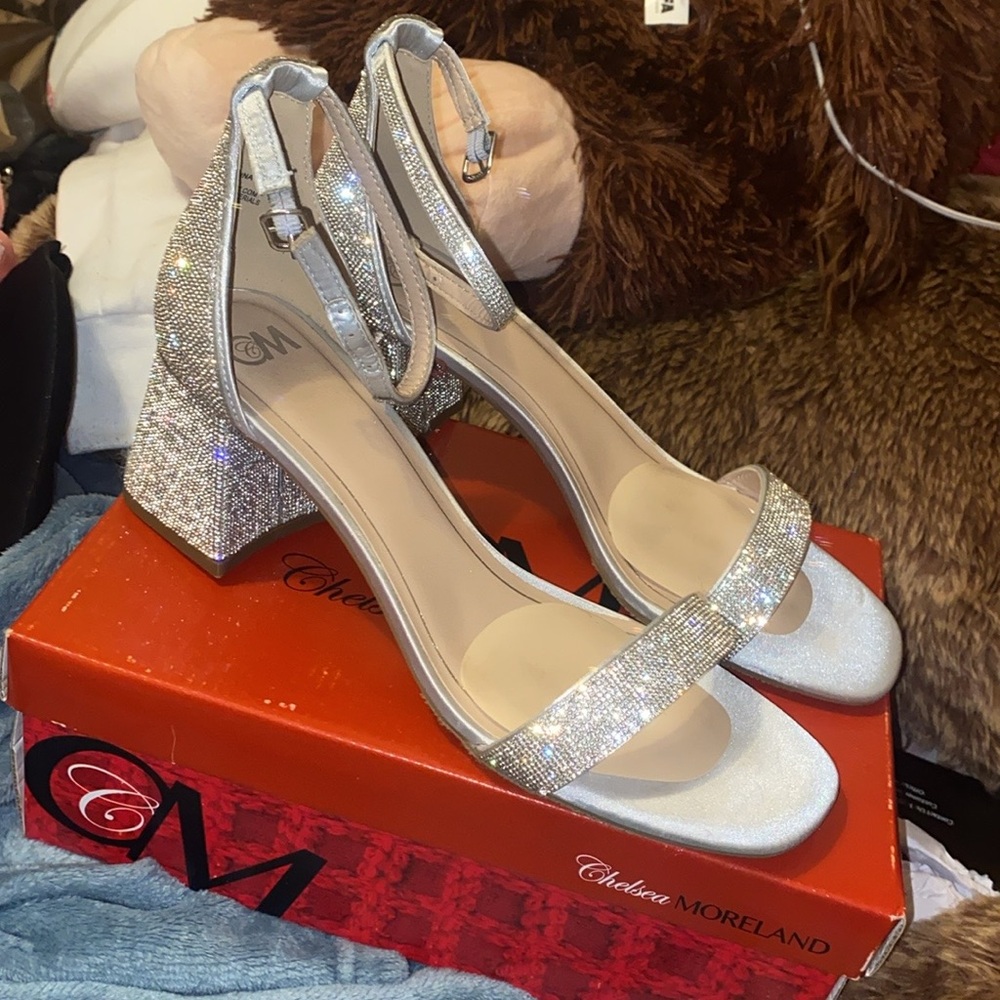 Silver Glitter Block Heel Sandals